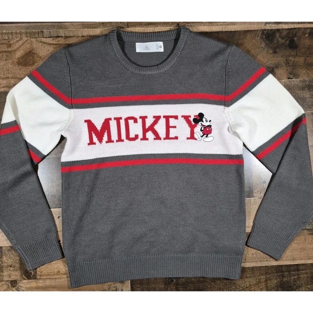 Disney Mickey Mouse Sweater Mens Medium Gray Varsity Block Embroidered Park
